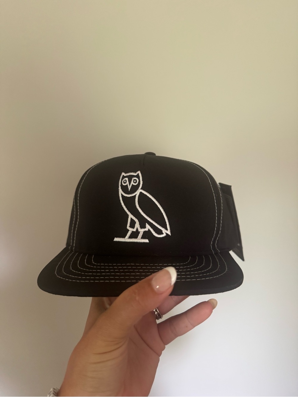 Black Trucker Hat with White Owl Embroidery
